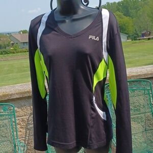 Fila Sport Black Performance Athletic Top,  Sz L, Black & Neon green